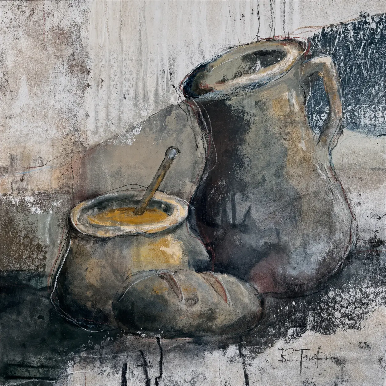Still life painting of a jug and pot by Ruth Truttmann